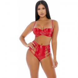 CONJUNTO DE LENCERiA DE VINILO CON TRENZADO ROJO