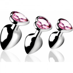 KIT PLUG ANAL 3 PIECES CORAZON ROSA PLATEADO