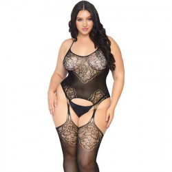 BODYSTOCKING DE ENCAJE SIN COSTURAS CON LIGUERO NEGRO