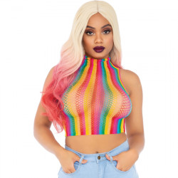 TOP CORTO DE RED DE CUELLO ALTO CON ESTAMPADO ARCO IRIS
