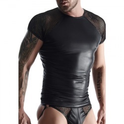 WETLOOK MESH MENS CAMISETA MAGAS REJILLA NEGRO
