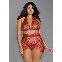 CONJUNTO TRES PIEZAS CON DELICADO BORDADO FLORAL GRANATE
